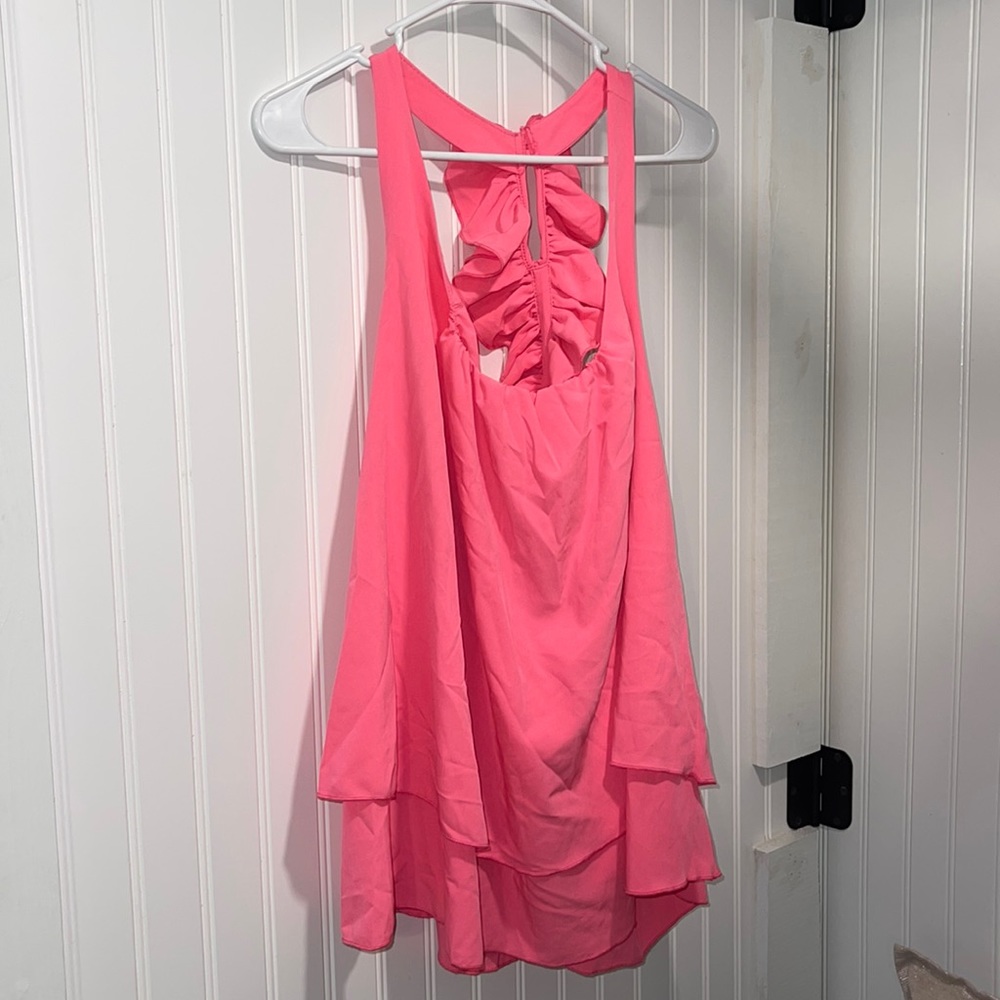 Bubblegum pink boutique tank/blouse with ruffled back detail and pearl buttons